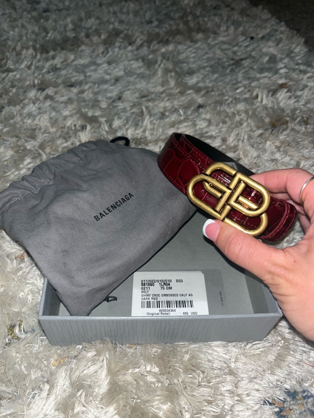 Balenciaga Croc-Embossed Double B Buckle Belt - Burgundy & Gold